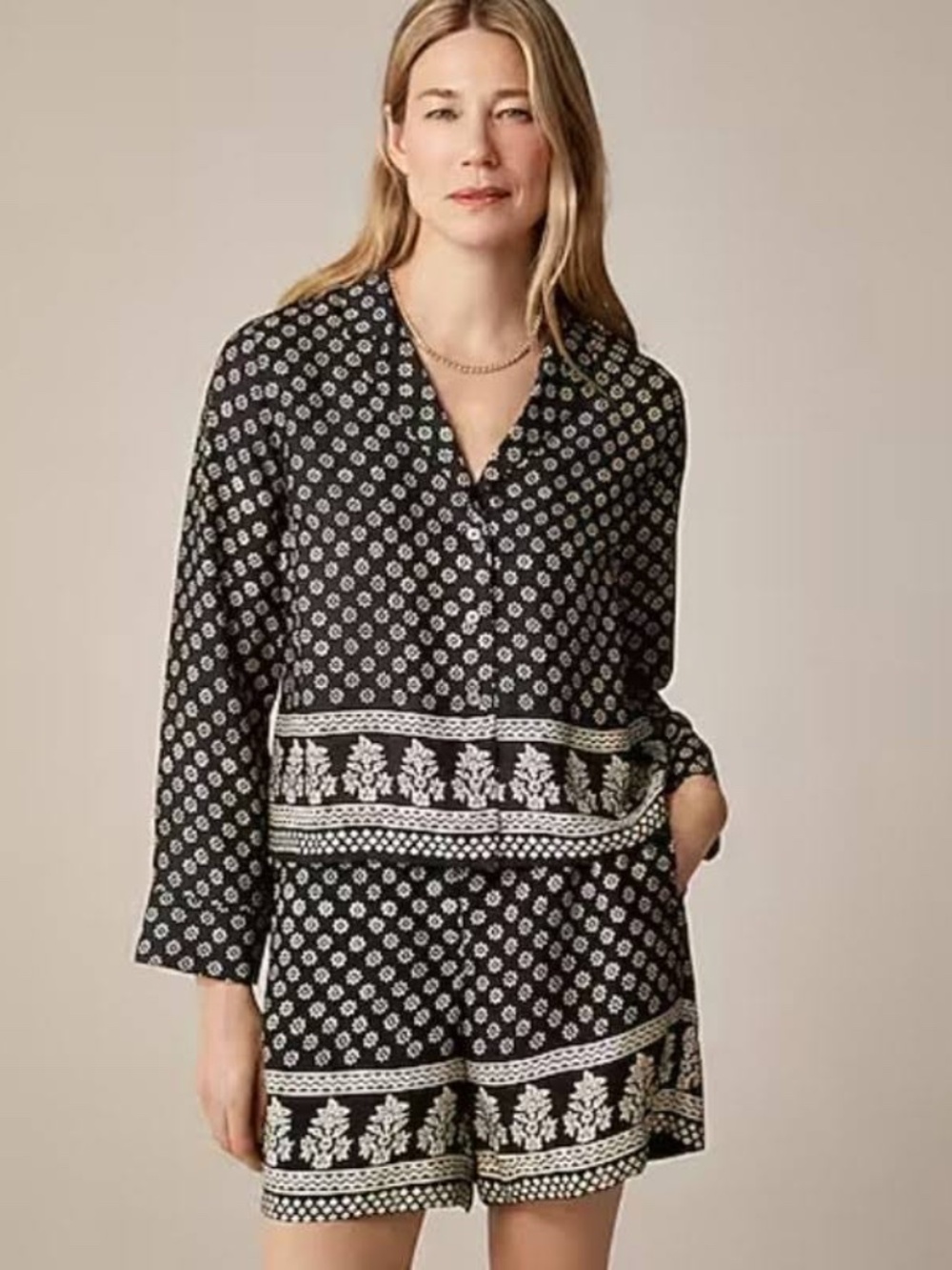 J Crew Camp Collar Button Up Shirt Block Print